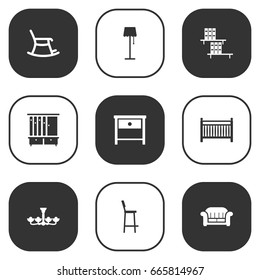 Set Of 9 Set Icons Set.Collection Of Wardrobe, Chair, Bedside Table And Other Elements.