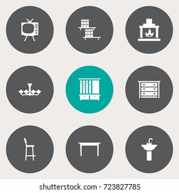 Set Of 9 Set Icons Set.Collection Of Wardrobe, Chimney, Sink And Other Elements.