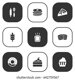 Set Of 9  Icons Set.Collection Of Whisk, Grain, Sweetmeat And Other Elements.