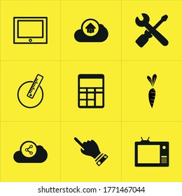Conjunto de 9 iconos como antena, símbolo, clipart, película, cristal, icono, canal