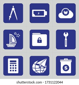 Set of 9 icons such as arc, design, construction, draw, tools, charge, dead battery, battery level, low battery