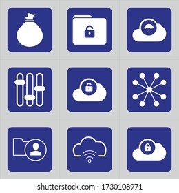 Conjunto de 9 iconos como bola, recopilación, archivo, desbloqueo, carpeta, negocio, desbloqueado, nube, paraguas