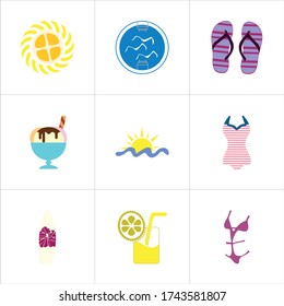 Set of 9 icons such as blue, circle, birds, sagacity, footwear, beach, sandal, vacation, purple
