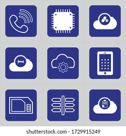 Set of 9 icons such as call, signals, phone, cloud, surveillance camera, security camera, bed, dream, cloud tools