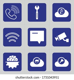Conjunto de 9 iconos como llamadas, señales, teléfono, corrección, equipo, opciones de escritorio, herramienta, nube, archivo