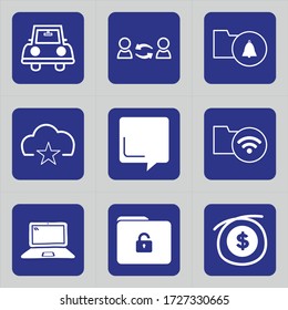 Set of 9 icons such as car, transport, travel, hobby, connection, communication, friends, notification, folder