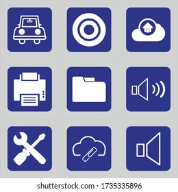 Conjunto de 9 iconos como coche, transporte, viaje, hobby, dardo, foco, círculo, conectado, nube