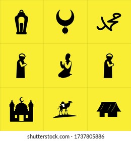 Set of 9 icons such as celebration, islamic name, culture, islamic quotes,  islamic calendar, islamic naat, sacrifices, ahmed