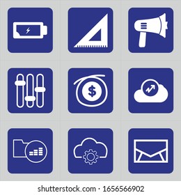 Set of 9 icons such as charge, dead battery, empty, energy, measure