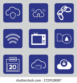 Set of 9 icons such as cloud, shield, safety, protection, cloud computing, server, data, upload, document
