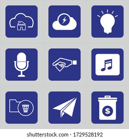 Set of 9 icons such as cloud, cloud data, cloud computing, house, home, power, battery, energy, innovation
