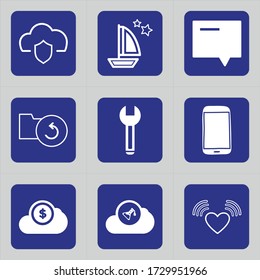 Set of 9 icons such as cloud, shield, safety, protection, cloud computing, shark, delivery, star, boat 