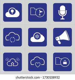 Set of 9 icons such as cloud, air ballon, hot ballon, flag, folder, paper, document, rec, mic