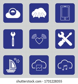 Set of 9 icons such as cloud, umbrella, weather, protection, direction, tablet, smartphone, connection, fix