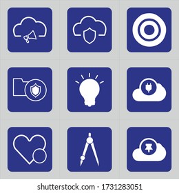Conjunto de 9 iconos como nube, altavoz, tophorno, escudo, seguridad, protección, computación en nube, dardo, foco
