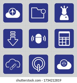 Set of 9 icons such as cloud, plane, flight, aircraft, airplane, folder, library, file, business