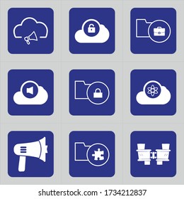 Conjunto de 9 iconos como nube, altavoz, bullhorn, equipo, desbloqueo, desbloqueo, apertura, carpeta, archivo