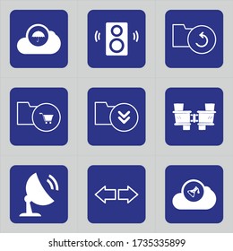 Set of 9 icons such as cloud, umbrella, weather, protection, music, sound, speaker, audio, audio device