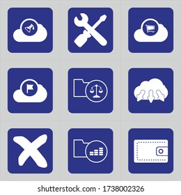 Set of 9 icons such as cloud, loudspeaker, attention, settings, computer, tools, tool, market bag