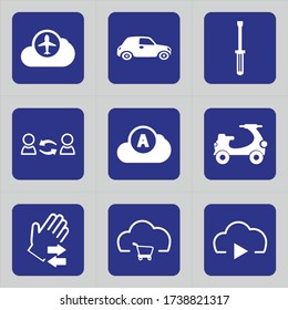 Set of 9 icons such as cloud, plane, flight, aircraft, airplane, automobile, auto, race, car