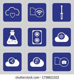 Conjunto de 9 iconos como nube, corazón, wifi, carpeta, señales wifi, señales, química, educación, escuela