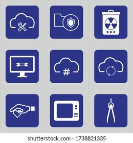 Set of 9 icons such as cloud, cloud tools, configuration, options, cloud management, cloud computing, tool, shield, security