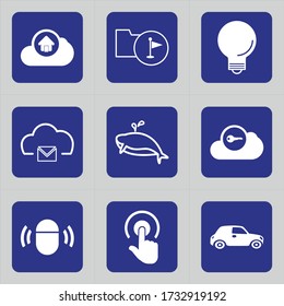 Set of 9 icons such as connected, cloud, cloud data, cloud computing, house, home, flag, folder, paper
