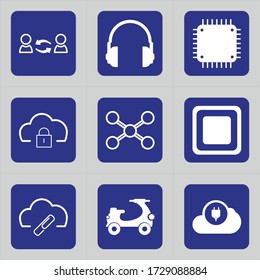 Conjunto de 9 iconos como conexión, comunicación, amigos, música, auriculares, audio, centro de llamadas, dispositivo de audio, auricular