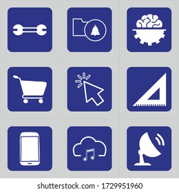 Set of 9 icons such as construction, equipment, tool, notification, folder, fish, archive, bell, innovation