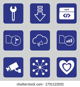 Set of 9 icons such as construction, equipment, tool, arrow, down, direction, movie, clapper, film
