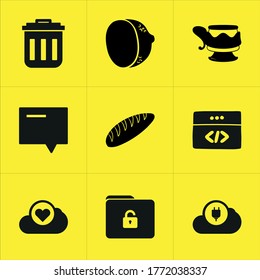 Set of 9 icons such as container, symbol, basket, bin, icon, sign, global, protection, office