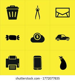 Set of 9 icons such as container, basket, symbol, bin