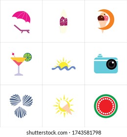 Juego de 9 iconos como tumbona, rosa, tumbona, playa, violeta, paraguas de playa, rescate, verano