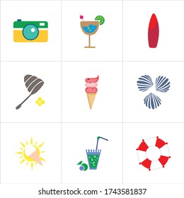 Set of 9 icons such as digital camera, photo, dslr, camera, photography, lemon, beach