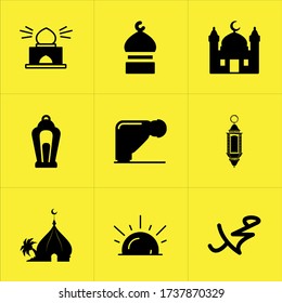 Set of 9 icons such as eid, paceman, fasting, immobile, muslim calendar, islamic holidays, flat
