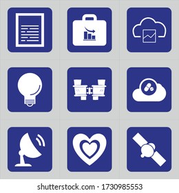 Set of 9 icons such as envelope, letter, writing, diagram, suitcase, bag, chart, decrease, photography