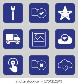 Conjunto de 9 iconos como corrección, equipo, opciones de escritorio, herramienta, carpeta, verificación, hecho, aceptar, marcador