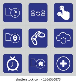 Set of 9 icons such as flag, folder, paper, document, connection, communication, friends, finger, zoom