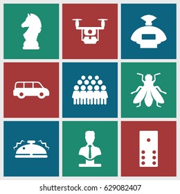 set of 9  icons such as fly, perfume, bust, group, bell, chess horse, medical drone, domino