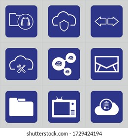 Set of 9 icons such as folder, collection, audio, group, cloud, shield, safety, protection, cloud computing
