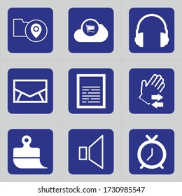 Set of 9 icons such as folder, pin, location, cloud, market bag, stroller, music, headset, audio