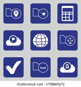 Set of 9 icons such as folder, pin, location, document, stroller, shopping, calculator, accountant, business