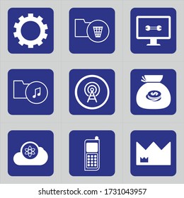 Conjunto de 9 iconos como caja de cambios, configuración, opciones, equipo, carpeta, archivo, datos, bin