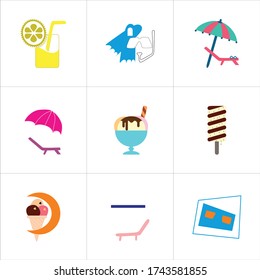 Set of 9 icons such as glass, lemon, yellow, lemonade, juice, cold drink, drink, swimming, diving