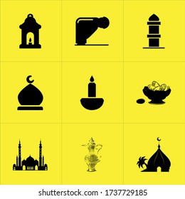 Conjunto de 9 íconos como santo, saludo, jihad islámica, jantri islámico, jhanda islámica, diario islámico