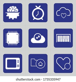 Gruppe von 9 Icons wie Innovation, Engineering, Gehirn, Gänge, Gehirncog, Zeitplan, Zeit, Uhr