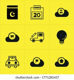 Conjunto de 9 iconos como islámico, sombra, carga, feliz, saludo, rosario, infante, hermoso, contraseña