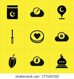 Set of 9 icons such as islamic, shadow, upload, happy, greeting, rosary, infant, beautiful, password