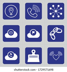 Set of 9 icons such as location, mark, call, signals, phone, cloud, law, balance, justice 