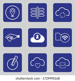 Set of 9 icons such as location, mark, arrow, street, plate, cloud, reload, refresh, update